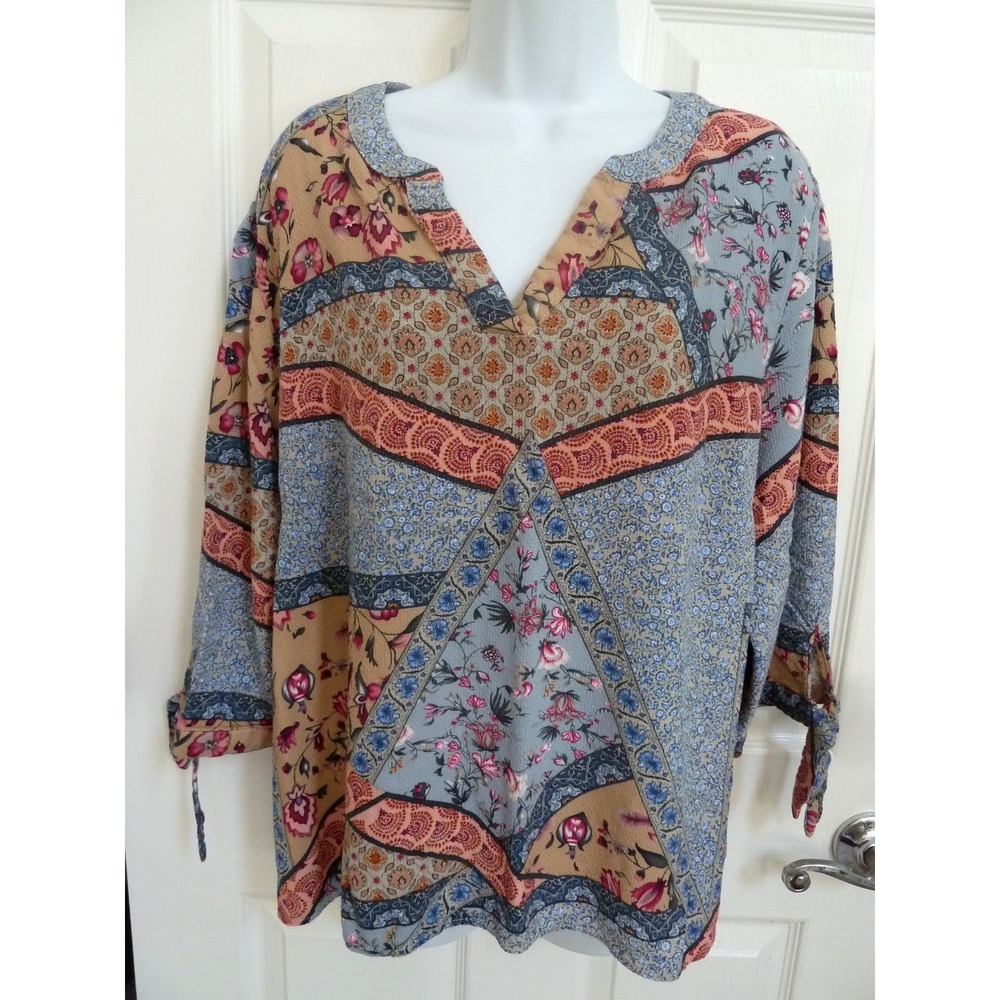 Jones New York Plus Size 3X Patchwork Textured Tie Sleeve Floral Blouse Top